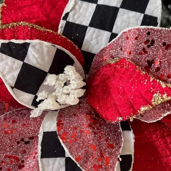 Velvet with Check Christmas Poinsettia Flower Stem Pick Holiday Craft Supplies - Picture 4 of 4